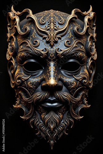 A black mask featuring elaborate gold filigree patterns. It depicts a male face with a stylized beard and mustache. The design is baroque and intricate against a dark background.