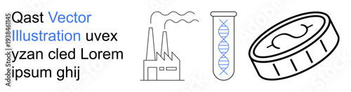 Industrial production, biotechnology, genetic research, monetary systems, economic concepts, and engineering. Factory, DNA helix in a test tube and coin icon. Biotechnology and industrial