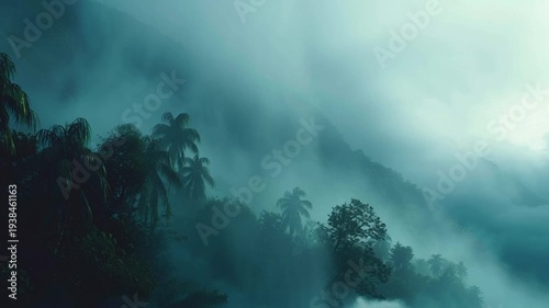 Mysterious tropical island with foggy atmosphere.
