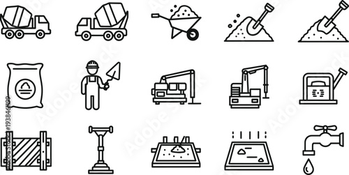 Construction icons set including cement mixer and worker