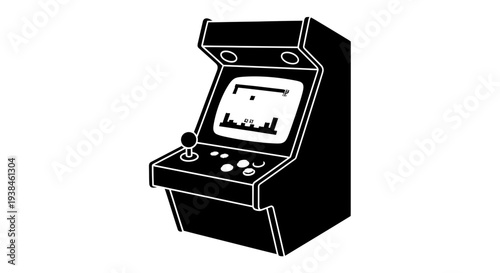 Retro arcade machine illustration with joystick and screen displaying a game, black and white