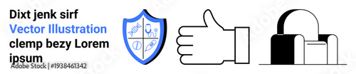 Medical protection, security, trust, healthcare services, data safety, communication reliability. Blue shield with icons, hand gesture and padlock. Medical protection and security concept