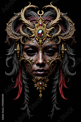A dark-skinned face adorned with an elaborate golden headdress featuring horn-like swirls and a central rainbow gem. Red feathers and dark hair frame the face with gold filigree details.