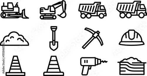 Construction icons set including vehicles and tools