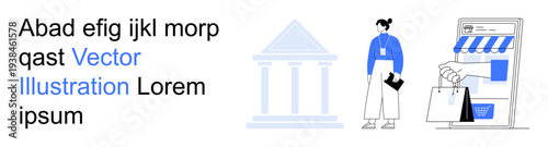 Online shopping, digital commerce, retail marketing, business services, finance, consumer behavior. Woman holding a bag next to an online store screen. E-commerce and digital commerce concept