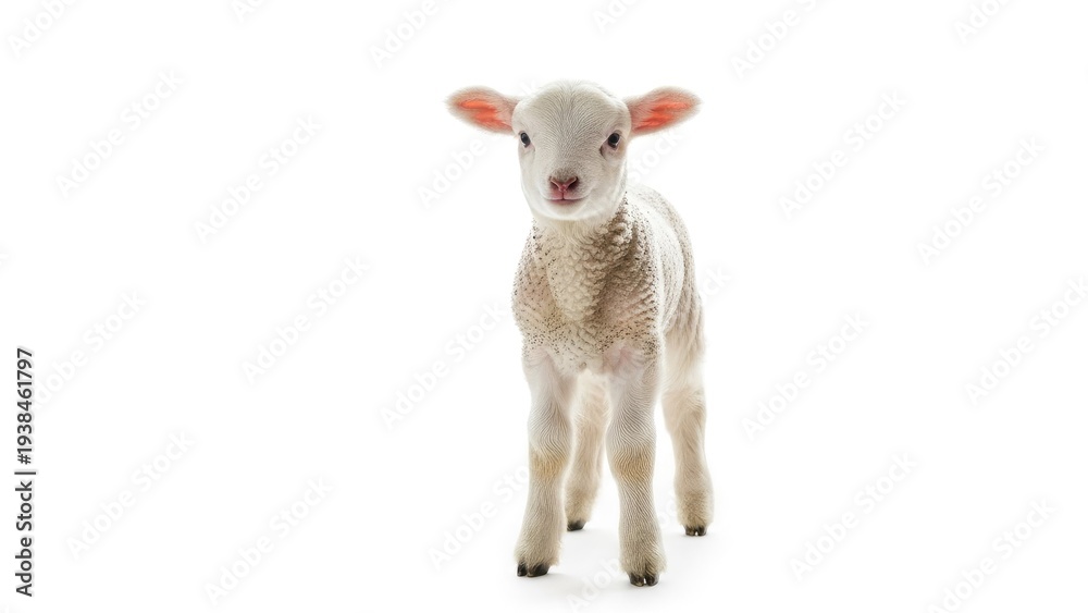Fototapeta premium Young lamb standing upright against a clean white background studio shot