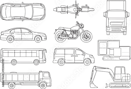 CAD Vehicle Drawings Set – Outline Vector Cars, Bikes, Trucks and Buses