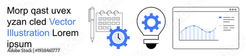 Business planning, data analysis, productivity tools, project management, innovation, strategy. Calendar, gear light bulb and data chart icons. Business planning and data analysis