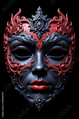 A striking mask with a black base and red lips. Intricate red and dark blue filigree swirls adorn the eyes and forehead. A central jewel sits at the top against a black background.