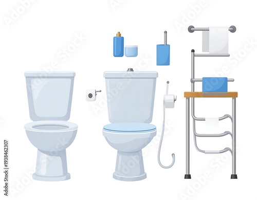 Two cartoon toilets and bathroom accessories, pastel color scheme, clean