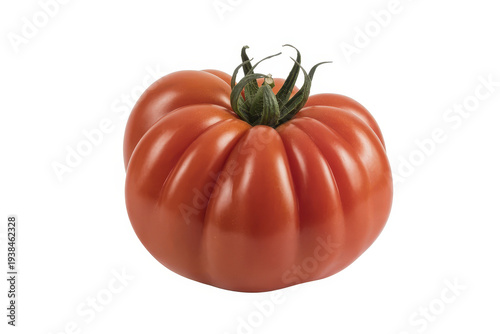 Large red tomato with green stem and smooth surface