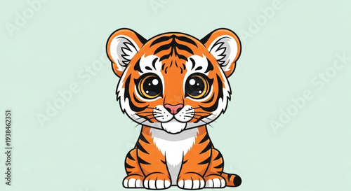 Cute cartoon tiger cub with big eyes sitting on mint green background looking adorable and playful