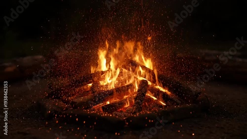 Warm and cozy campfire with dancing flames and flying sparks in the night