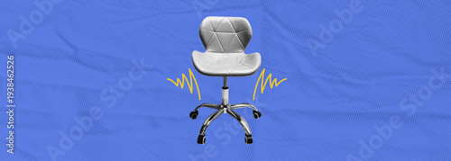 Empty office chair metaphor concept. Open vacancy position and hiring opportunity in corporate workplace. Halftone collage vector illustration.