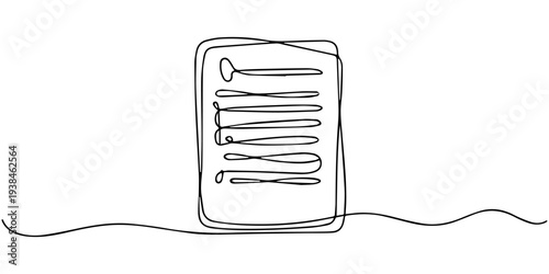 document continuous one line drawing, Clipboard with paper clip, one line art style. Minimalist symbol of office work, planning, and to-do list, Continuous line drawing of a document or paper
