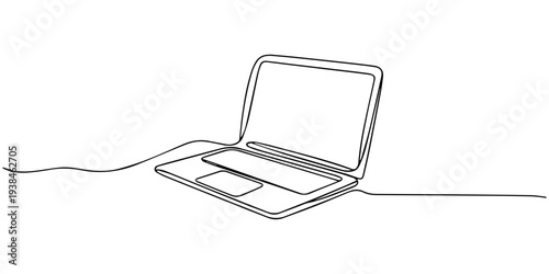 laptop continuous one line drawing, continuous one line drawing of a laptop computer electronic device vector sketch, Single line continuous drawing of laptop computer laptop isolated on white