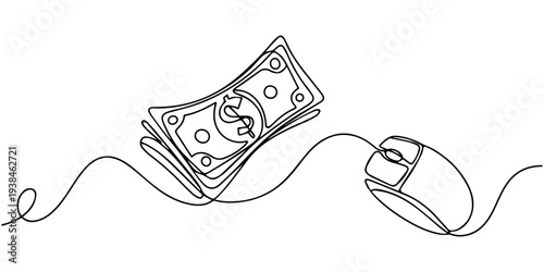 a stack of paper money, cash, banknotes, dollars, in one line. Continuous line drawing of dollars, Continuous line drawing of money and computer mouse symbolizing online transactions. No editable 