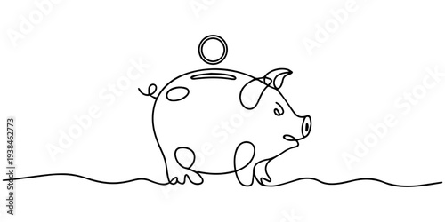 Continuous line art of piggy bank with coin and loop design. No editable stroke, Piggy bank continuous one line drawing. Piggy bank icon one line drawing. Continuous line drawing of piggy bank
