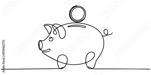 Continuous line art of piggy bank with coin and loop design. No editable stroke, Piggy bank continuous one line drawing. Piggy bank icon one line drawing. Continuous line drawing of piggy bank
