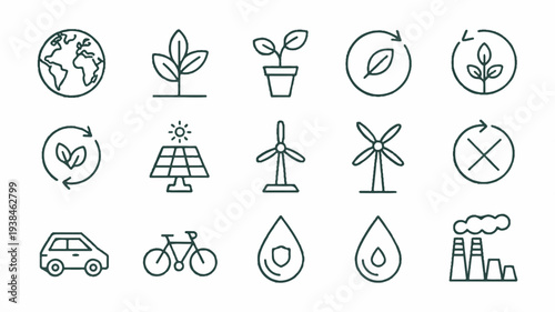 Eco friendly icons set including green energy sustainable living and environmental conservation symbols