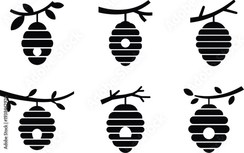 Set of Minimalist black beehive hanging from a branch silhouette vector icon