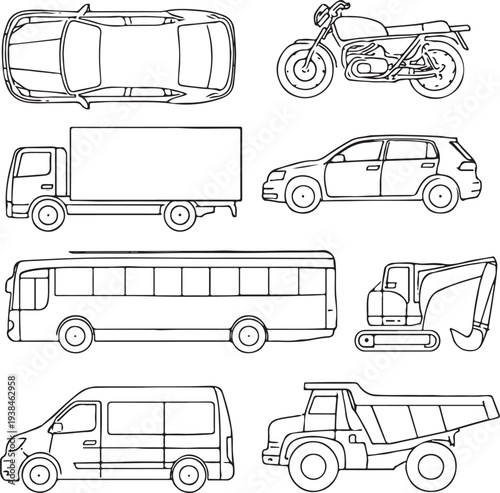 CAD Vehicle Drawings Set – Outline Vector Cars, Bikes, Trucks and Buses