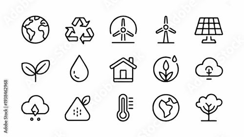 Eco friendly icons set including renewable energy recycling and sustainable living symbols in a clean vector illustration