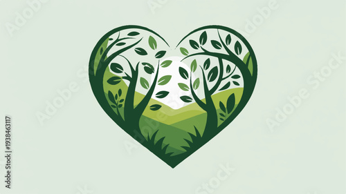 Eco friendly lifestyle concept with heart shaped trees on green background symbolizing nature and sustainability