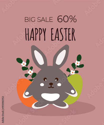 Big Sale 60% Happy Easter Shop Now at Banner Rabbit and Egg, Flowers
