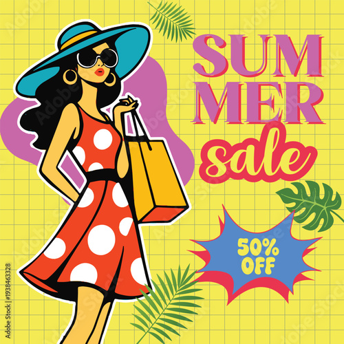 Retro vintage pop art comic style summer sale Social media post, banner, ads, template for summer holiday vacation square flyer poster advertising Woman in polka dot dress illustration for promo