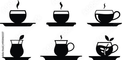Set of Minimalist black small tea glass on a tray silhouette vector icon