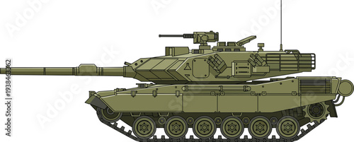 Modern military battle tank side view vector illustration, armored combat vehicle with cannon and tracks, detailed army warfare equipment isolated on white background
