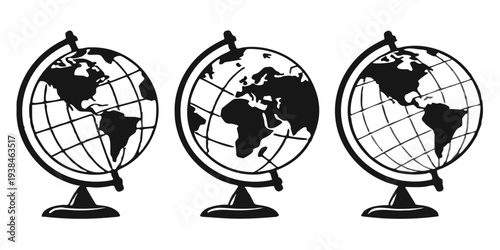 earth globe collection. set of black earth globes, isolated on transparent background. four world map icons in flat design. earth globe in modern simple style. world maps for web design. vector icon