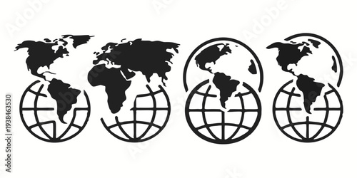 earth globe collection. set of black earth globes, isolated on transparent background. four world map icons in flat design. earth globe in modern simple style. world maps for web design. vector icon