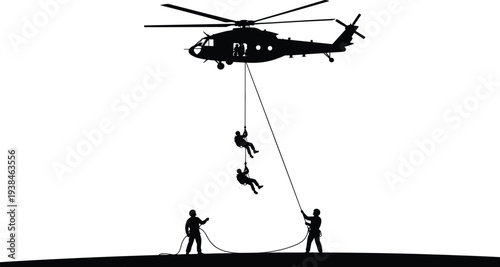 Military helicopter rope rescue operation silhouette with soldiers fast roping from aircraft, tactical airborne insertion and special forces training vector isolated on white