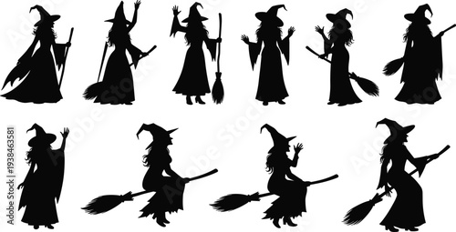 Collection of witch silhouettes standing and flying on broomsticks with pointed hats, ideal for Halloween, folklore, fantasy themes, and creative illustration projects"