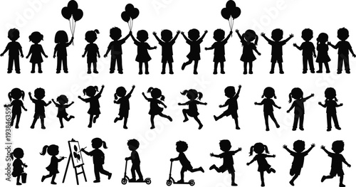 Silhouettes of children engaged in playful activities, including running, dancing, painting, scooter riding, and social interaction, perfect for education, design, and childhood illustration projects.