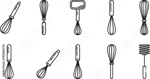 Line icon of whisk for mixing eggs, dough, sauce and other ingredients for cooking. Kitchen utensils outline label. Graphic pictograph on a gray background. Vector illustration2