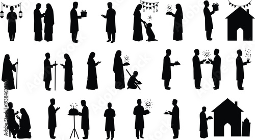 Collection of silhouetted Islamic cultural scenes depicting individuals in traditional attire engaging in various activities such as giftgiving and prayer