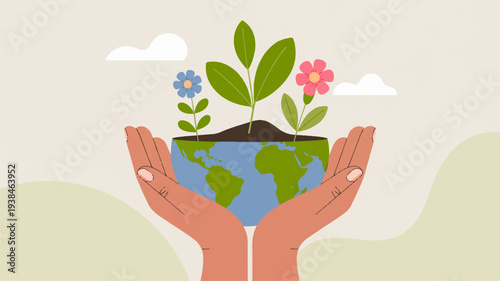 Human palms cradling earth with green sprouts and colorful flowers symbolizing eco friendly care and environmental protection