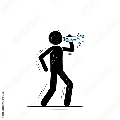 Man jogging and drinking water from bottle quickly outdoors