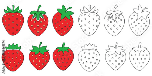 Hand-drawn cartoon and doodle set of strawberries on a white background.