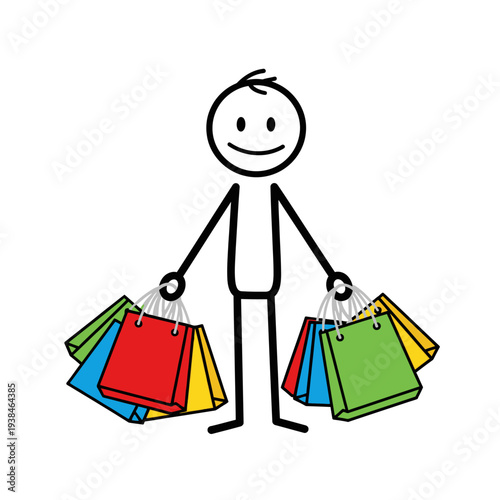 A stick figure happily holding multiple colorful shopping bags on both hands outdoors.