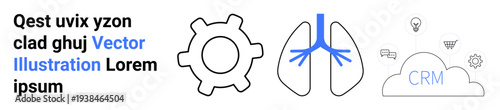 Technology, healthcare, cloud computing, management systems, innovation, integration. Gear, lungs and cloud icons with CRM text. Cloud computing and healthcare technology concept