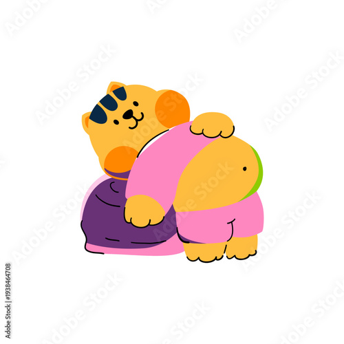 A fat cat in a pink outfit exercises with a yoga ball. Hand-drawn.