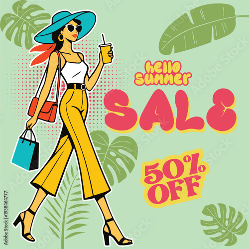 Retro vintage pop art comic style summer sale Social media post, banner, ads, template for summer holiday vacation poster advertising Stylish woman in summer outfit walks with shopping bag and drink