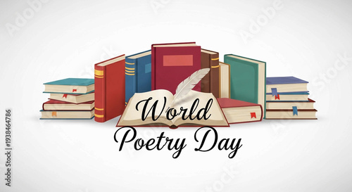 A literary arrangement featuring an open book, a quill, and a collection of colorful hardbound books with 