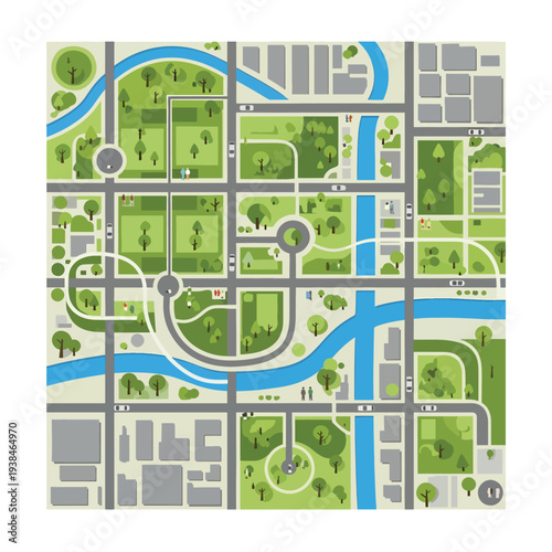 City Map with Parks and River