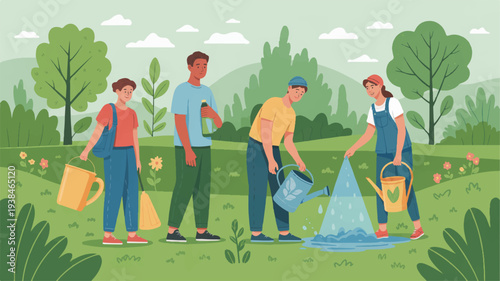 Group of diverse people working together in a lush green field watering plants and gardening in harmony with nature