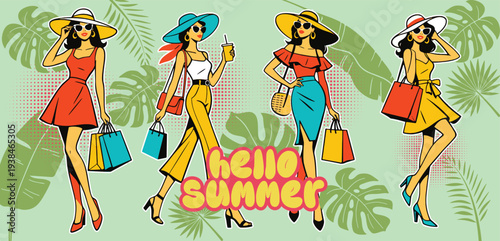 Retro vintage summer fashion girls  illustration featuring group of stylish women with shopping bags and tropical leaves background for seasonal sale social media marketing banner poster advertising